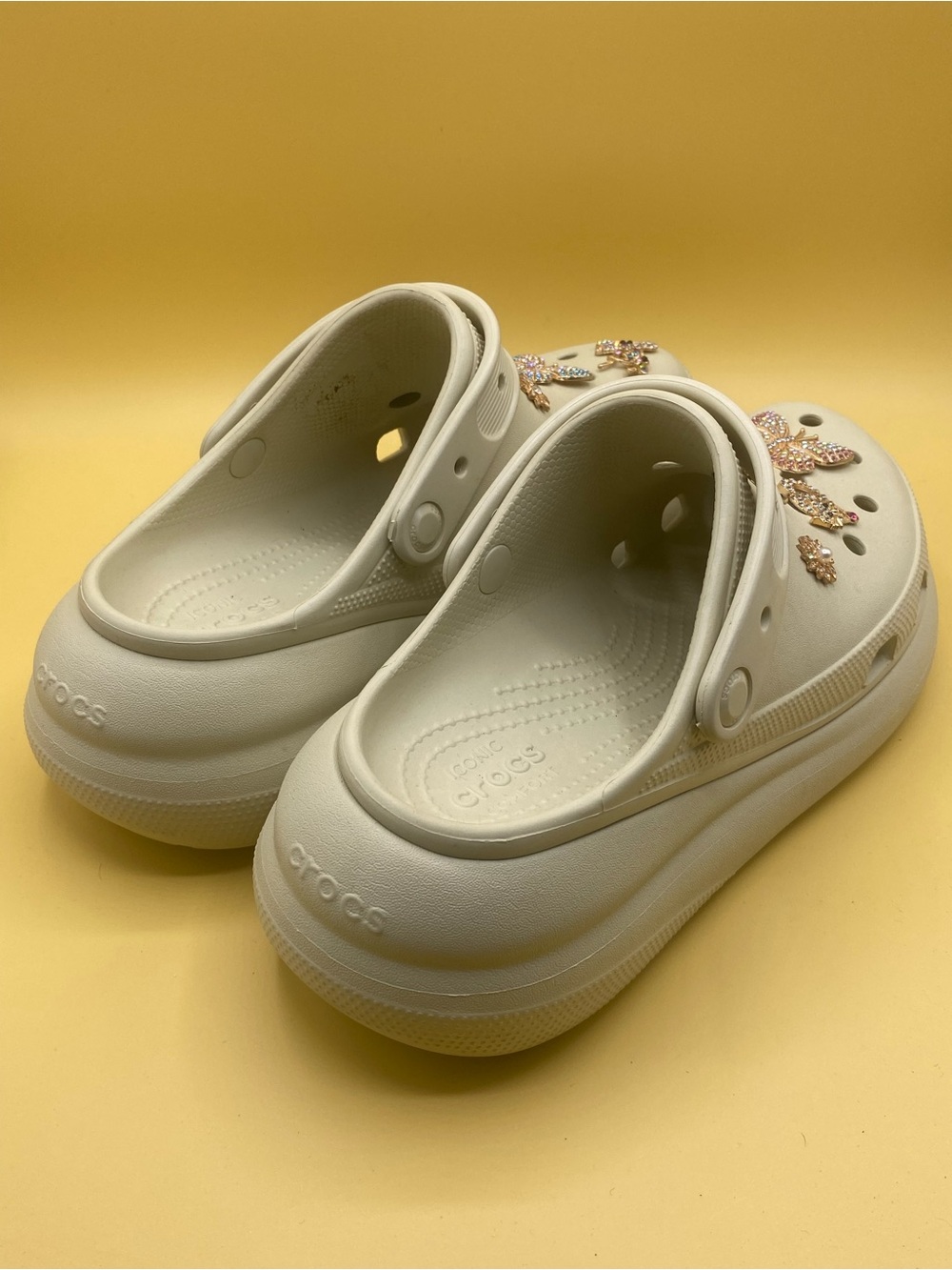 CROCS Cream Platform Clogs with Gold Butterfly Charms - Picture 2 of 4